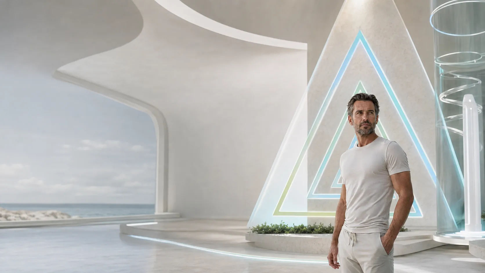 A man standing in a bright seafront atrium beside a glowing triangular sculpture