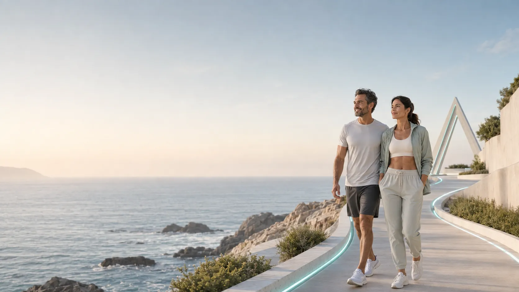 Two people walking a coastal path at sunrise
