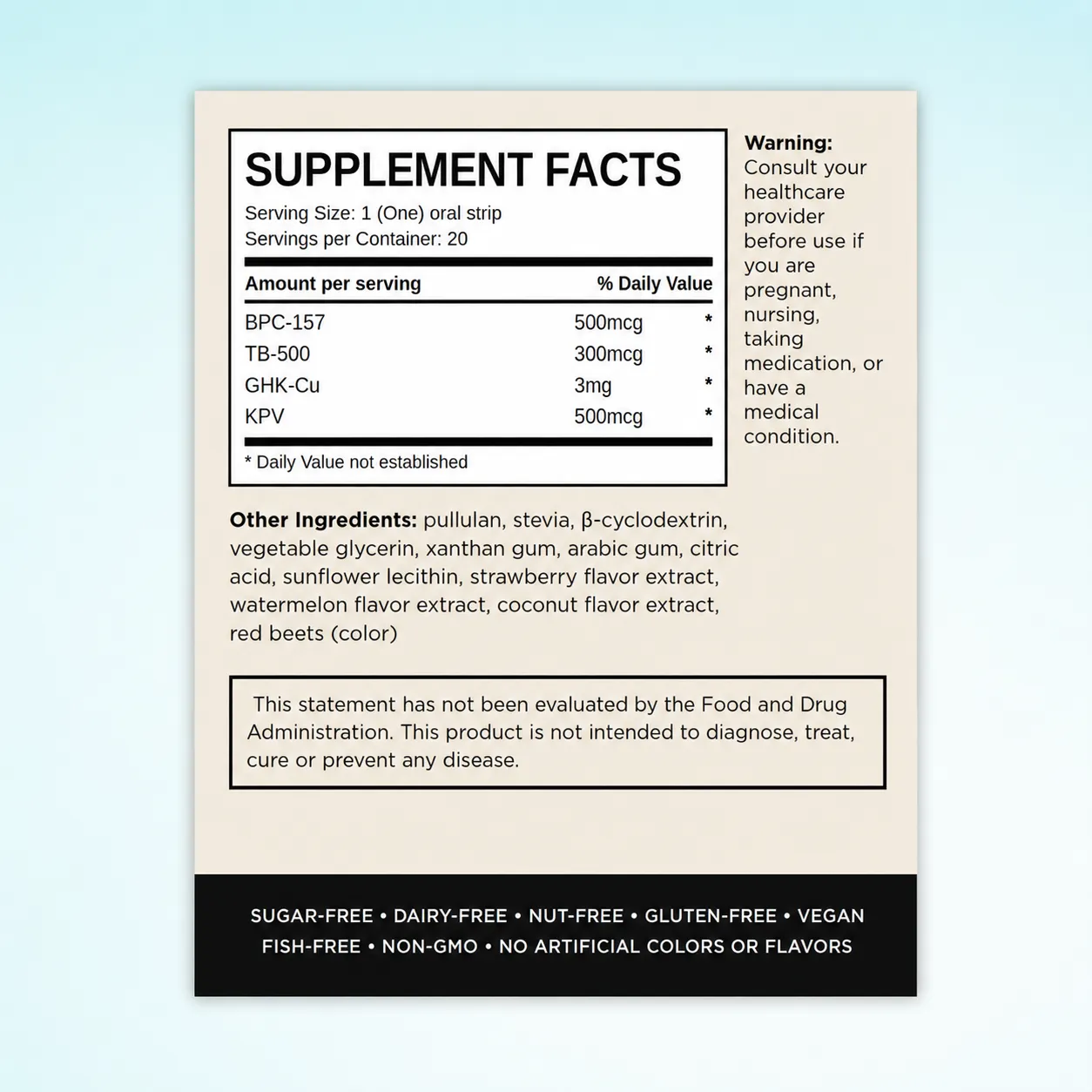 Supplement facts panel for Klow