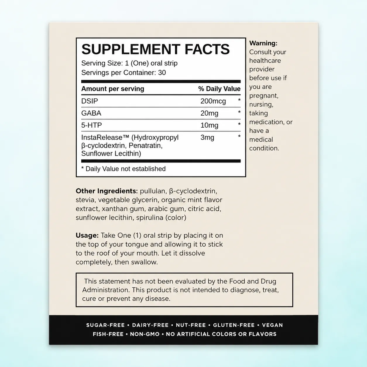 Supplement facts panel for Sleep